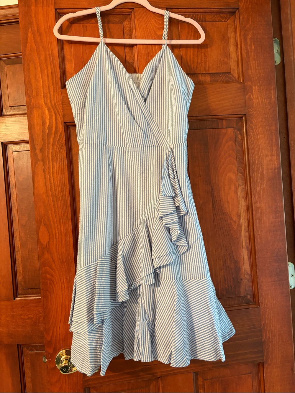 Blue and White Striped Ruffle Wrap Mini Dress
